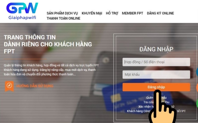 Sau khi truy cập website, bạn hãy đăng nhập tài khoản bằng số điện thoại hoặc bằng thông tin hợp đồng để quản lý và gia hạn dịch vụ dễ dàng.