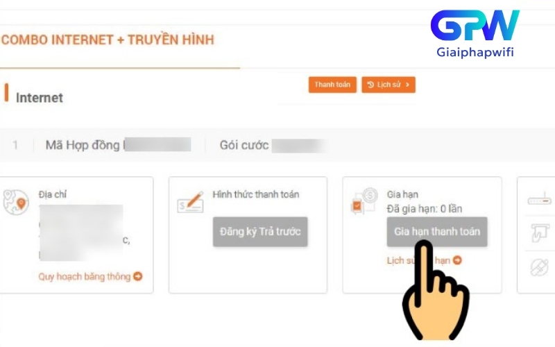 Nhấp vào “Gia hạn thanh toán” và chọn gói thời gian phù hợp (6 hoặc 12 tháng), sau đó hoàn thành thanh toán  để duy trì kết nối Internet liền mạch